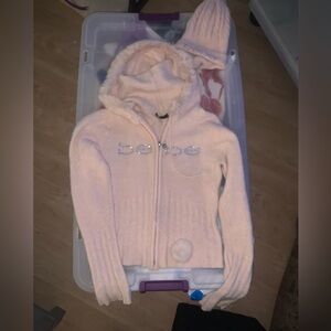 rare vintage Bebe Pom Pom sweater + matching Bebe beanie in pink champagne